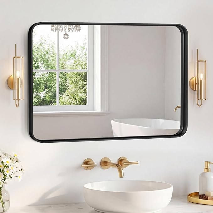 OLIXIS Bathroom Mirror for Over Sink, 36x24 Inch Wall Rounded Rectangle Mirror with Matte Metal Framed, Modern Wall Mount Vanity Mirror for Home Decor, Living Room, Bedroom, Black