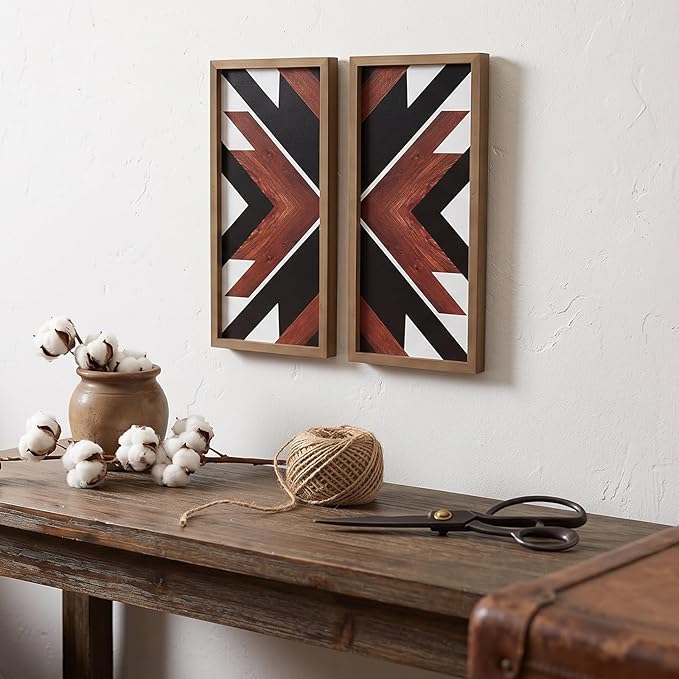 flangairy Southwestern Aztec Wall Decor Native American Wood Wall Art Boho Framed Navajo Tribal Western Modern Boho For Home Living Room Bedroom Bohemian Geometric Frames Hanging Decorations