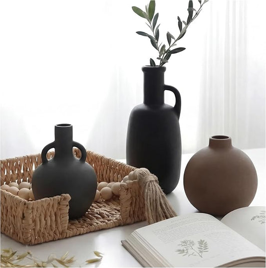 Ceramic Vase Set of 3 - Home Decor Farmhouse Rustic Decor, Decorative Flower Vases with Handles for Shelf, Dining Table,Living Room, Kitchen Shelf,Coffee Table,Modern Vase Decor -Multicolor