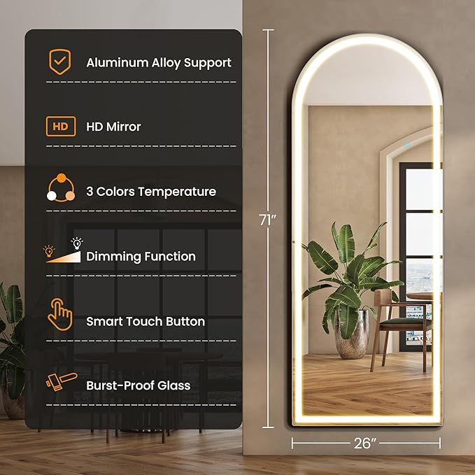 Arched Full Length Mirror with Stand 26"×71", Upgraded Full Body Mirrors with LED Light 3 Color Lighting, Floor Standing, Hanging or Leaning Modern Simple Home Wall Decor, White