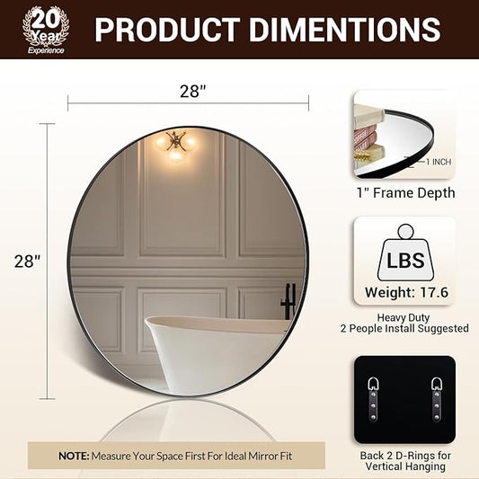 ANDY STAR Black Round Mirror Bathroom Mirrors, 28 Inch Vanity Mirror with Rust-Poof SUS304 Frame, Matte Black Mirror for Living Room, Powder Room, Entryway