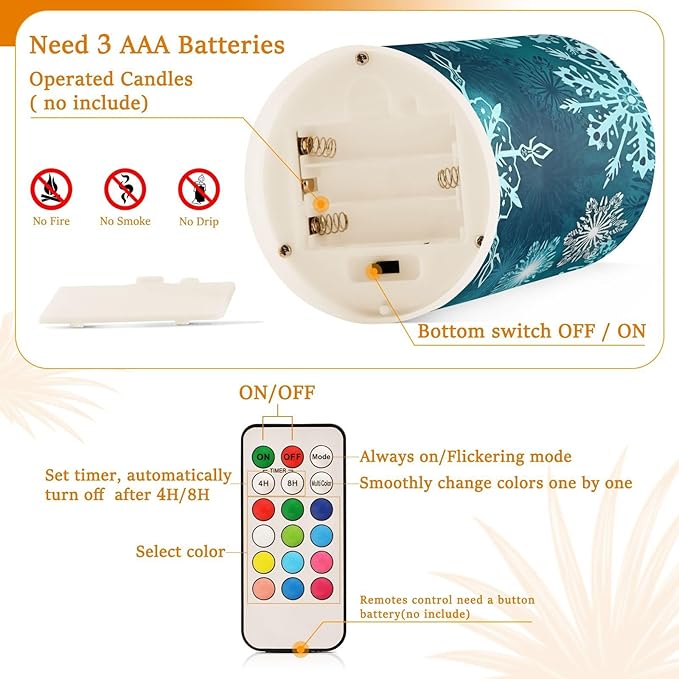 Christmas Flameless Candles Teal Blue White Snowflake Pillar Candles Set of 2 Battery Operated Remote Control Warm Lights Home Decor
