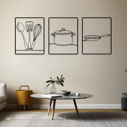 3 Pieces Metal Minimalist Line Kitchen Signs Wall Decor Drawing Rustic Kitchen Wall Art for Dining Living Room Home, 14 x 11 Inches(Kitchenware,Black)