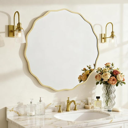 HOMECOOKIN 32" Wavy Round Wall Mirror, Gold Scalloped Circle Mirror Edge Round with Metal Frame, Modern Decorative Hanging/Leaning Mirrors for Bathroom, Hotels, Hallway, Entryway, Vanity, Office