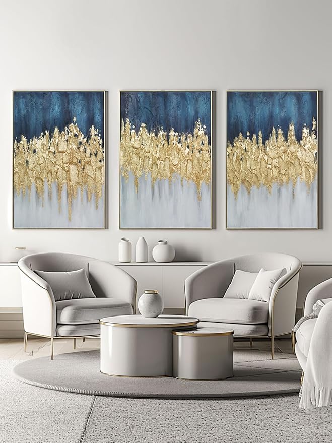 Zessonic Abstract Wall Art Hand-Textured Modern - Set of 3, Emerald Green Blue and Gold - 24x36inch, Framed