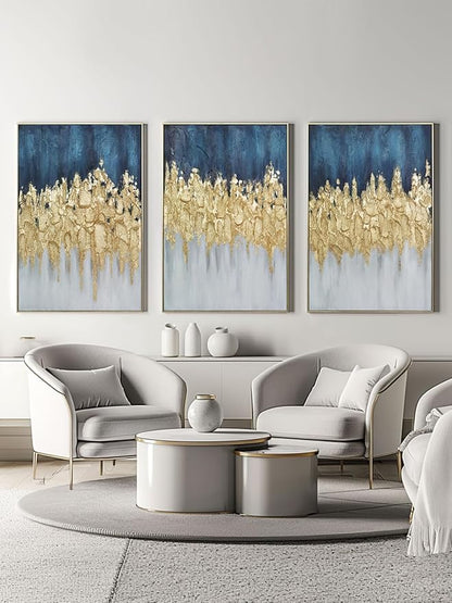 Zessonic Abstract Wall Art Hand-Textured Modern - Set of 3, Emerald Green Blue and Gold - 24x36inch, Framed