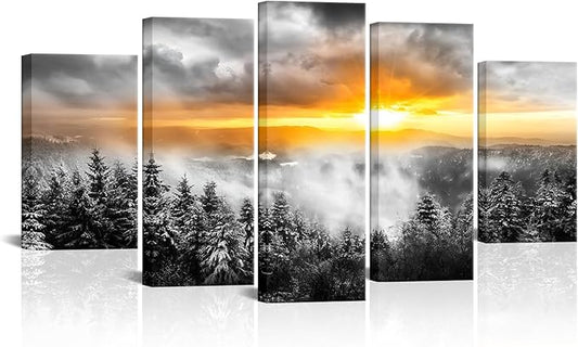 KLVOS 5 Panels Fog Mountain Canvas Wall Art Sunrise Misty Forest Print Picture Paintings Black and White Nature Artwork Modern Bedroom Living Room Office Decor Gallery Wrapped