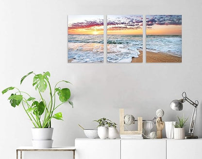 TutuBeer 3 Panels Beach Home Beach Decor for Home Beach Decorations White Beach Sunrise with Deep Blue Sky Beach Pictures of The Beach Kitchen Decor Beach Decorations for Home Decor 16" x 24" x 3