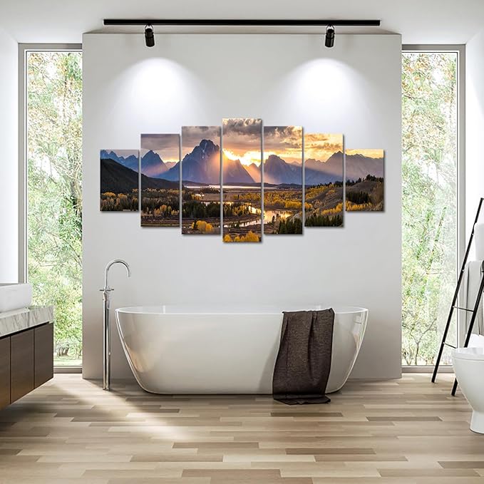 iKNOW FOTO XLarge Canvas Set of 7 Wall Art Grand Teton National Park in Autumn in Wyoming USA Landscape Picture Prints Painting Scenery Wall Decor for Home Decorations 70x32 Inches