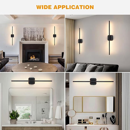 Battery Operated Wall Sconces Set of 2, 𝐔𝐩𝐠𝐫𝐚𝐝𝐞𝐝 Rechargeable Wall Lights with Remote Control, LED Wall Sconces Black, 3000K-6000K Dimmable 360° Rotatable for Living Room, Bedroom, 28''