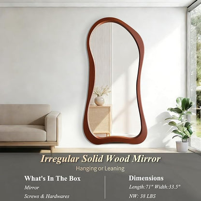 Irregular Full Length Mirror, 71"x33.5" Premium Oversized Organic Floor Mirror with Solid Wood Frame, Asymmetrical Full Body Mirrors for Living Room Entryway Cloakroom, Leaning/Hanging
