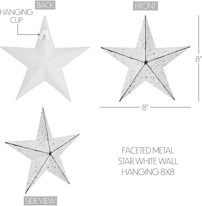 VHC Brands Patriotic Faceted Metal Star White Wall Hanging 8x8, Independence Day Decor, American Star Design, Distressed Appearance Metal Wall Hanging, Star Shape, Country, Matte White