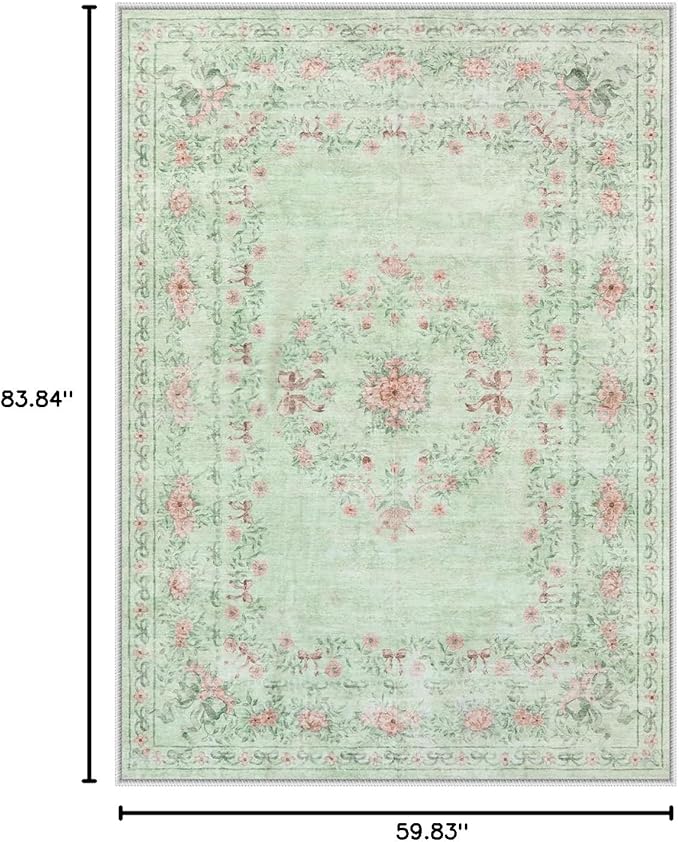 Wonnitar Floral Bow Print Washable Rugs 5x7, Sage Green Rug for Living Room, Ultra-Thin Non Slip Soft Boho Carpet for Dining Room Bedroom Kid Room Playroom, Light Green