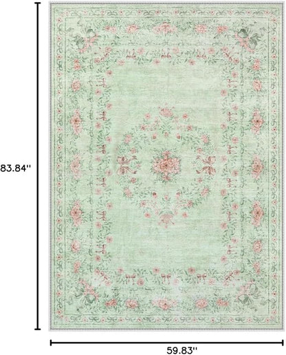 Wonnitar Floral Bow Print Washable Rugs 5x7, Sage Green Rug for Living Room, Ultra-Thin Non Slip Soft Boho Carpet for Dining Room Bedroom Kid Room Playroom, Light Green