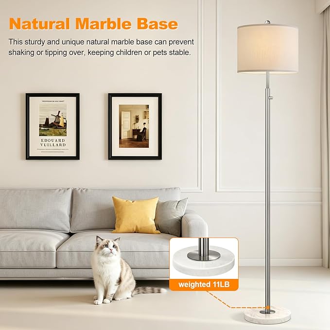 【Upgraded】 Dimmable Floor Lamp for Living Room, 11W LED Bulb Included, Modern Standing Lamp with Marble Base, Tall Pole Light with Linen Shade for Bedroom Reading Office Corner Nursery-Brushed Nickel