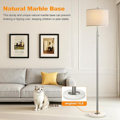【Upgraded】 Dimmable Floor Lamp for Living Room, 11W LED Bulb Included, Modern Standing Lamp with Marble Base, Tall Pole Light with Linen Shade for Bedroom Reading Office Corner Nursery-Brushed Nickel