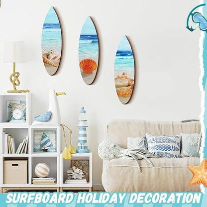 Tatuo 3 Pcs Summer Coastal Wall Decor Bathroom Beach Blue Wall Art Sea Turtle Surfboard Seahorse Starfish Seashell Conches Crabs Sea Life Decor for Bedroom Home (Surfboard)