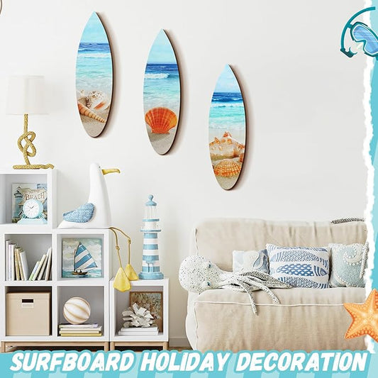 Tatuo 3 Pcs Summer Coastal Wall Decor Bathroom Beach Blue Wall Art Sea Turtle Surfboard Seahorse Starfish Seashell Conches Crabs Sea Life Decor for Bedroom Home (Surfboard)