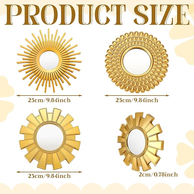 Fourluoo 3 Pack Gold Sunburst Mirrors for Wall Decor Circle Flowers Mirrors Decorative Gold Hanging Wall Art Flowers Mirror for Home Living Dinning Room Bedroom Bathroom Boho Decoration Art(Sunburst)