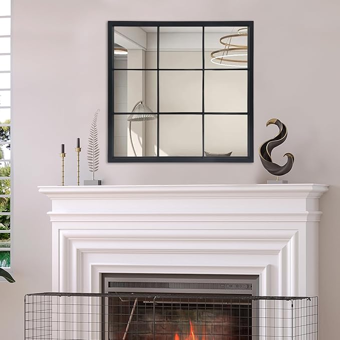 OUSHUAI Black Window Mirror 27"X27",Gird Decor Minimalism Wall Mounted Mirrors for Entryway,Hallway,Living Room,Fireplace