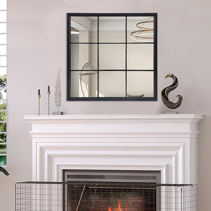 OUSHUAI Black Window Mirror 27"X27",Gird Decor Minimalism Wall Mounted Mirrors for Entryway,Hallway,Living Room,Fireplace