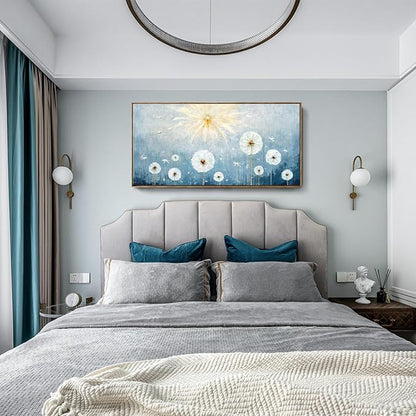 Nicetop Large Framed Inspirational Wall Pictures for Living Room Blue Floral Canvas Art Prints for Bedroom Office Nature-Inspired Dandelion Botanical Flower Artwork,Home Coastal Wall Decor 48x24 Inch
