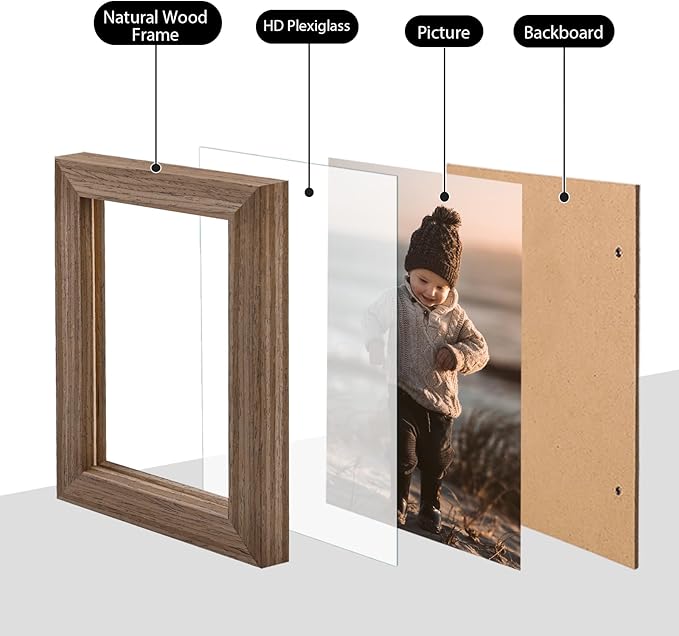 KINLINK 3.5x5 Picture Frame Brown Wood, Solid Wood Frames with Plexiglass for Table Top and Wall Mounting, Photo Frames for Horizontal or Vertical Display, 4 Pack