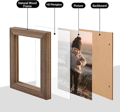 KINLINK 3.5x5 Picture Frame Brown Wood, Solid Wood Frames with Plexiglass for Table Top and Wall Mounting, Photo Frames for Horizontal or Vertical Display, 4 Pack