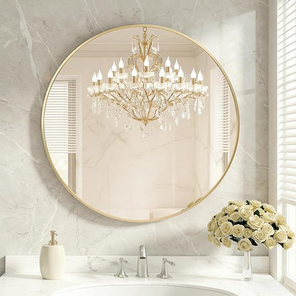 DUMOS 36 Inch Round Wall Mirror, Bathroom Mirror with Metal Frame, HD Reflection Shatterproof Glass Vanity Mirror, Decor for Bathroom Vanity Bedroom Entryway, Glod