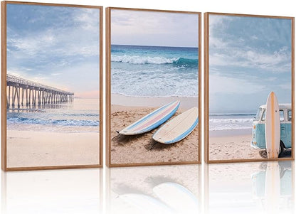 KAlRNE Coastal Seascape Wall Art Set of 3(16”X24”),Modern Ocean Beach Wall Decor,Seaside Holiday Surfboard Framed Canvas Paintings,Vintage Bridge Blue Bus Art Prints For Living Room Bedroom Office