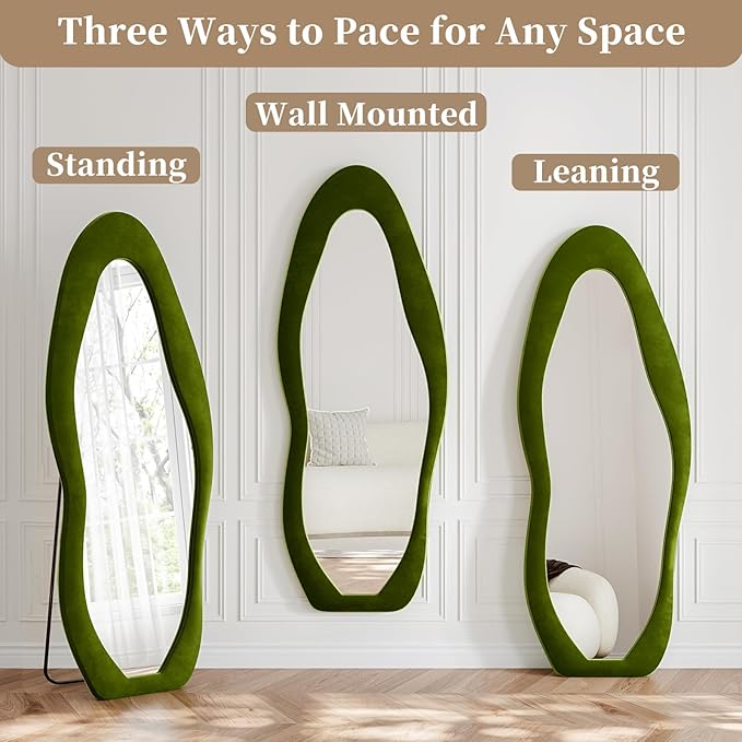 Full Length Mirror, 63"x24" Full Body Mirrors, Flannel Floor Mirrors with Stand, Irregular Wavy Mirror Hanging or Leaning Against Wall for Bedroom Living Room, Green
