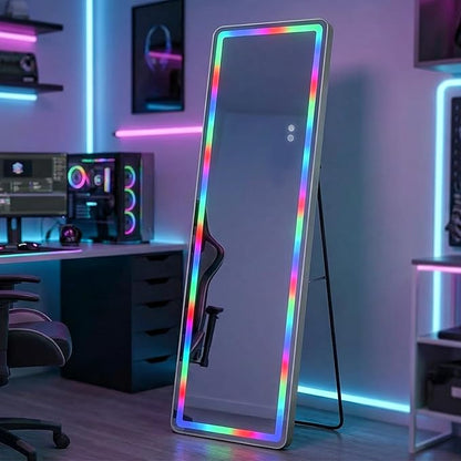RGB LED Full Length Mirror, 63"x20" Floor Full Body Standing Mirror with 7-Color Changing RGB Lights with Remote & Touch Control, Dimmable Lighted for Gaming Room, Living Room