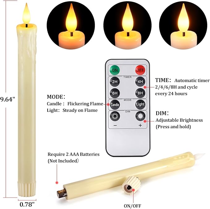 OCATO Flameless Candles with Remote: 8 Pack Battery Operated Window Candles 9.6" Real Wax LED Flickering Flameless Taper Candles 3D Wick Lights Halloween Christmas Wedding Decorations Cream
