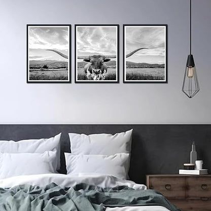 Longhorn Cow Black Framed Canvas Wall Art Black and White Highland Cow Poster Vintage Farmhouse Animal Rustic Art Wall Decor for Country House Apartment Living Room Decor Easy to Hand 12x16inchx3pcs