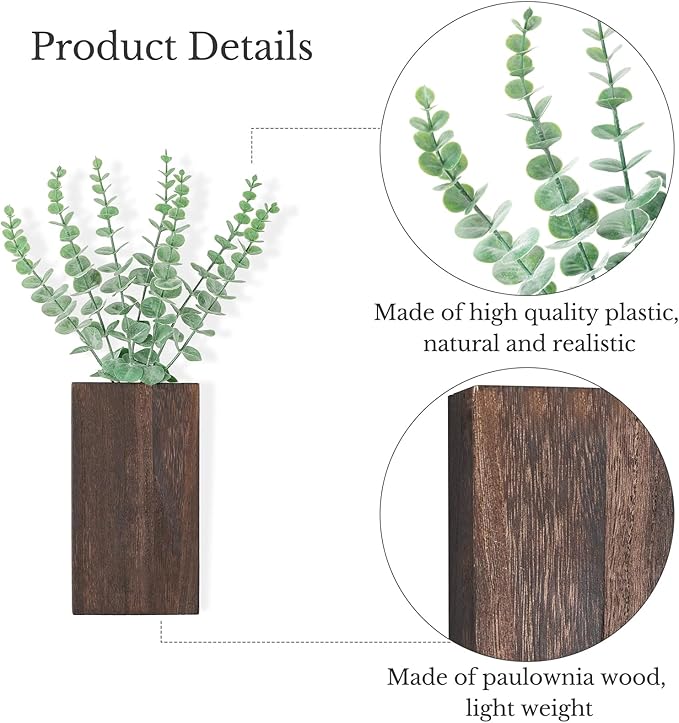 Dahey 2 Pack Wood Wall Planter Vase with Artificial Eucalyptus Farmhouse Wall Hanging Decor Pocket Planter for Indoor Fake Plants Greenery, Living Room Bedroom Kitchen Home Office Decoration