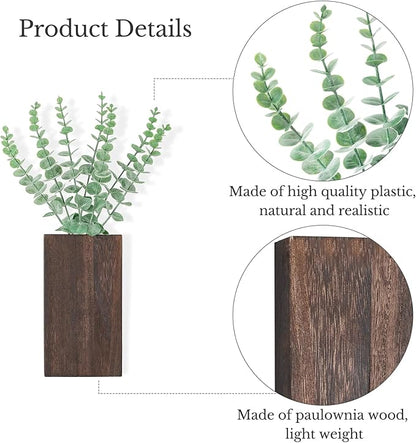 Dahey 2 Pack Wood Wall Planter Vase with Artificial Eucalyptus Farmhouse Wall Hanging Decor Pocket Planter for Indoor Fake Plants Greenery, Living Room Bedroom Kitchen Home Office Decoration