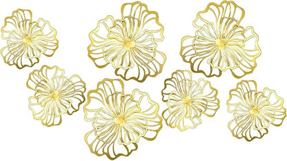 7 Piece Metal Wall Decor for Living Room, Boho Double Layered Iron Flower Wall Hanging Art, Aesthetic Indoor Metal Wall Sculpture Decor for Bedroom Kitchen Bathroom Farmhouse Home Office, Gold