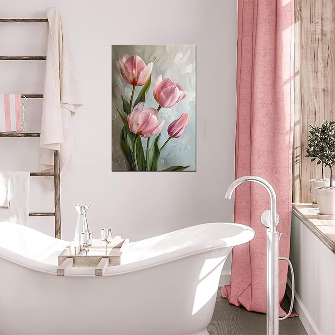 Tulips Wall Art Flowers Pictures Pink Bathroom Decor Modern Spring Floral Paintings Canvas Prints Artwork for Living Room Bedroom Home Decoration Framed