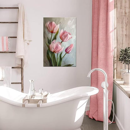 Pink Bathroom Decor Tulips Wall Art Flowers Pictures Modern Floral Paintings Canvas Prints Artwork for Living Room Bedroom Home Decoration Framed