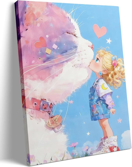 12x16 Giant Pink Cat Kissing Little Girl Canvas Wall Art - Cute Whimsical Kids Kawaii Girl Cat Poster, Pastel Dreamy Nursery Wall Decor, Framed Cartoon Animal Artwork for Bedroom Bathroom Living Room