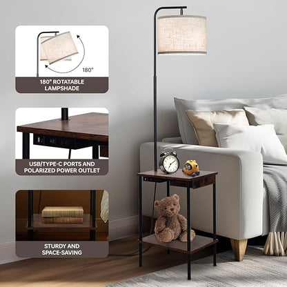 EOEYYOYB Floor Lamp with Table & Drawers, End Table Lamp with USB Charging Portt Power Outlet and Shelves, Side Table Reading Light with 3 Color Temperature Led Bulb Included for Living Room, Yellow
