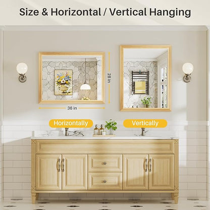28x36 Inch Bathroom Mirror for Wall, Anti-Rust Oak Wood Grain Metal Framed Bathroom Mirrors for Over Sink,Rectangler Mirrors for Bathroom Vanity, Farmhouse, Bedroom, Living Room, Entryway Decor
