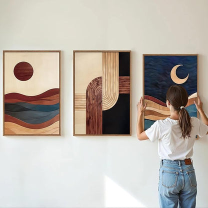 SIGNINART Boho Mid Century Modern Framed Canvas Wall Art, Bohemian Geometric Wall Decor, Abstract Sun and Moon Artwork,Beige and Black Wooden Art Paintings for Living Room Bedroom Office 16"x24"x3