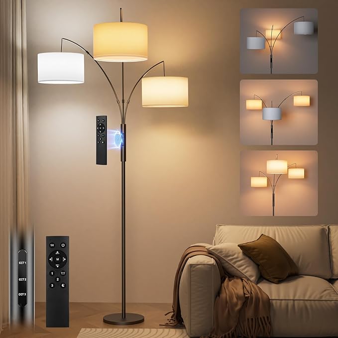 SIBRILLE 36W Dimmable Floor Lamp - 3 Lights Arc Floor Lamps Standing Lamp with Remote & Touch Control, Tall Lamp for Living Room Corner, Bedroom, Office