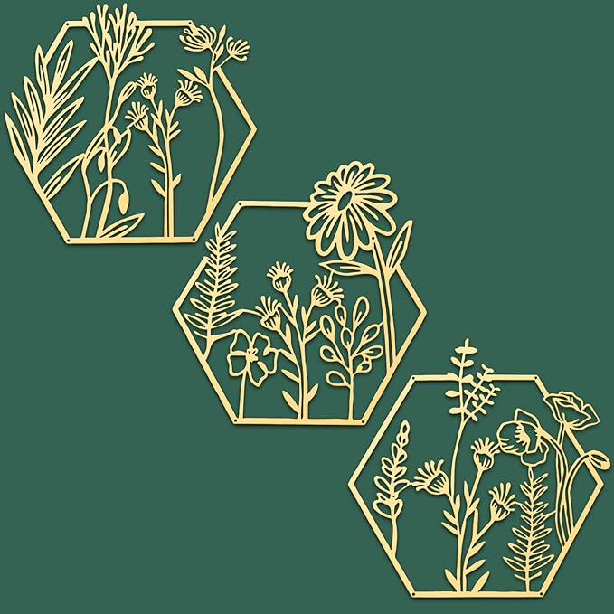 Peryiter 3 Pcs Metal Flower Wall Decor Minimalist Floral Wall Hanging Decor Metal Flower Rustic Floral Art for Spring Living Room Bathroom Kitchen Indoor Outdoor(Gold)
