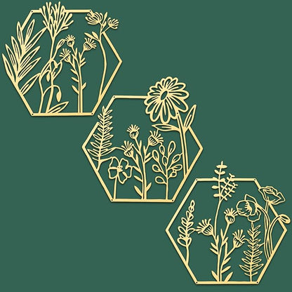 Peryiter 3 Pcs Metal Flower Wall Decor Minimalist Floral Wall Hanging Decor Metal Flower Rustic Floral Art for Spring Living Room Bathroom Kitchen Indoor Outdoor(Gold)