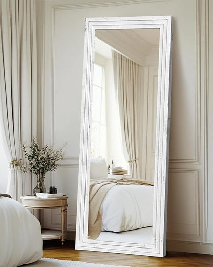 Full Length Mirror 65"x22" with Stand Solid Wood Frame Floor Large Mirror for Living Room, Bedroom Hanging Standing or Leaning Wall-Mounted, White