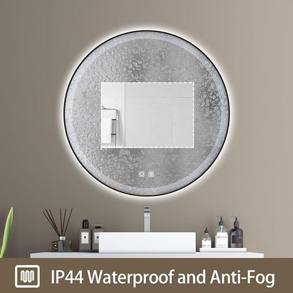 Itrue 36 Inch LED Bathroom Round Mirror, Black Metal Frame, Adjustable Color Temp & Brightness,Anti-Fog,Shatter-Proof Tempered Vanity Mirror for Wall