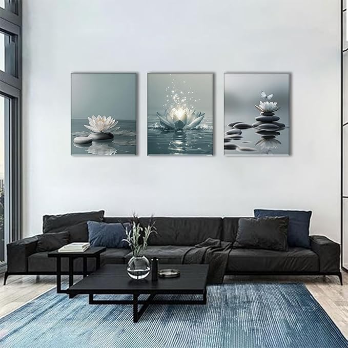 AOYUSMO 3 Piece Lotus Flower Wall Art Zen Bathroom Wall Decor Spiritual Canvas Art Yoga Room Pictures Meditation Paintings Spa Artwork For Living Room Bedroom