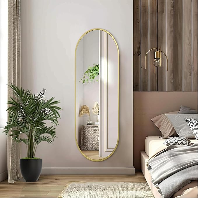 Large Oval Full Length Mirror, Pill Shaped Oblong Bathroom Wall-Mounted Mirrors, Metal Aluminum Alloy Frame Modern Simple Home Decor for Living Room Bedroomm 48"x16" Light Gold